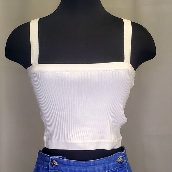 CIDER Women White Knit Crop Top Square Neck - Picture 1 of 6